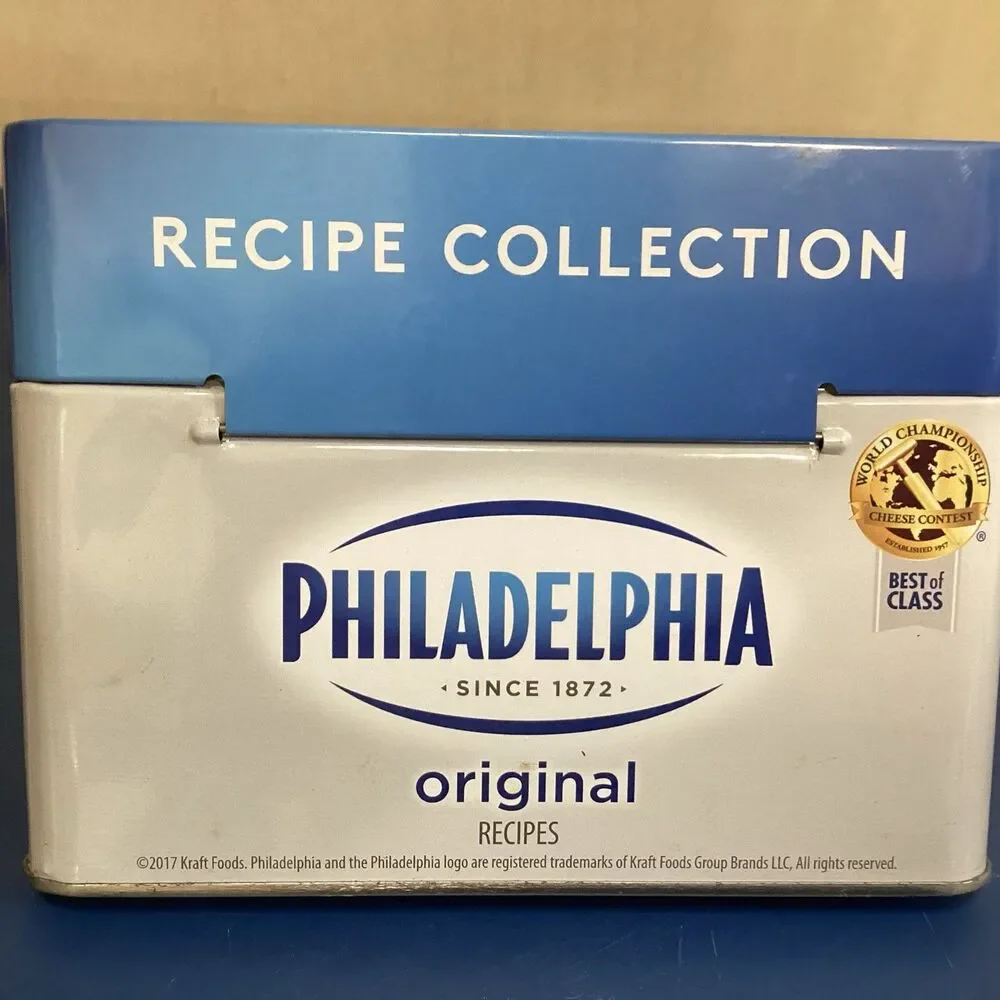 Philadelphia cream cheese recipe metal box w/ recipes 2017 some handwritten